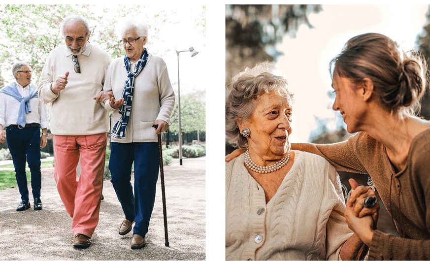 Collage of elderly couple going on walk and mother daughter talking to each other